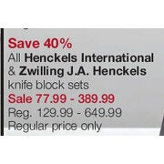 All Henckels International and Zwilling J.A. Henckels Knife Block Sets - $77.99 - $389.99 (40% off)